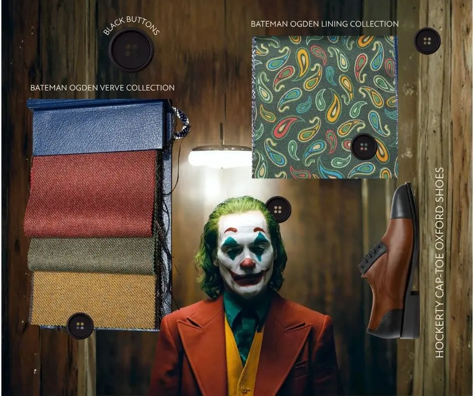 Bespoke Joker-inspired three-piece suit by SETT Kilts and Tailoring featuring Bateman Ogden fabric and Oxford brogues.