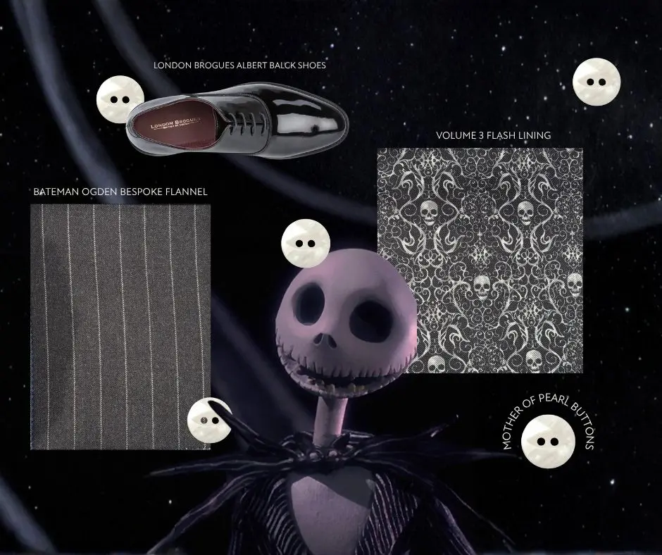 Jack Skellington pinstripe bespoke suit by SETT Kilts and Tailoring using Bateman Ogden Bespoke Flannel.”
