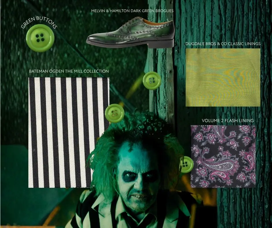 Beetlejuice-inspired striped suit with green lining and gothic detailing, designed by SETT Kilts and Tailoring.